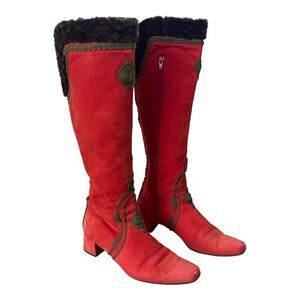 Vtg 70s Italian Red Leather Suede Gogo Boots 38 7.5 Russian Folk Fur Embroidered